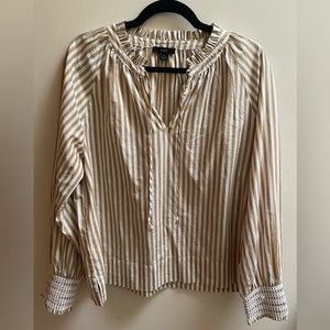 J. Crew tan/white striped smocked-sleeve popover blouse size L